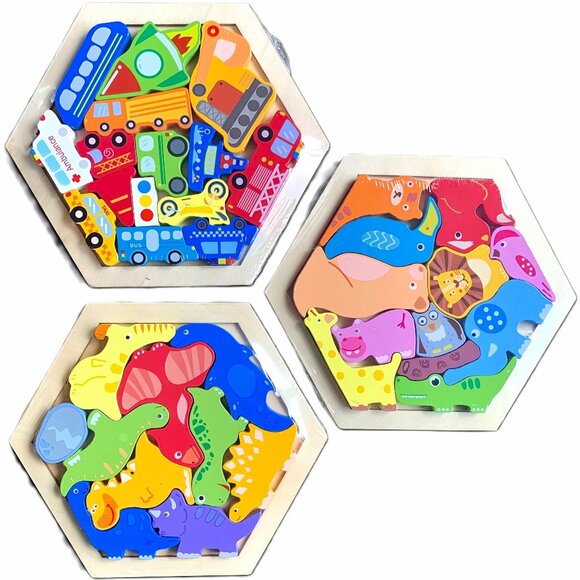 3+ Children's Early Learning Colorful Wood Puzzles Vehicles Animals Dinosaur New - Picture 1 of 7